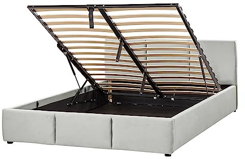 Beliani Bett Samt helles Grau mit hohem Kopfteil Lattenrost 140x200 cm Bettkasten Bousse