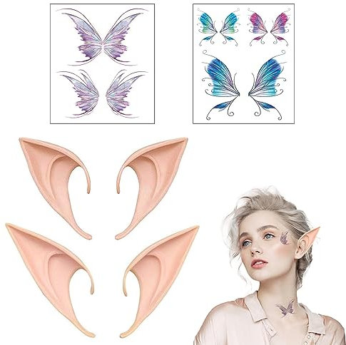 DOKEI 2 Paar Elfenohren Latex Ohren Elfe mit 2 STK Tattoo Aufkleber Schmetterling Elfenohren Set Feenohren für Cosplay Karneval Weihnachten Halloween Partydekorationen Zubehör