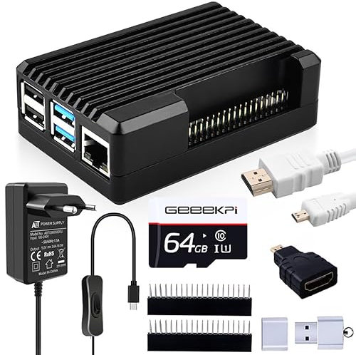 GeeekPi Raspberry Pi 4 Aluminum Case with Passive Cooling,18W 5V 3.6A Raspberry Pi 4 Power Supply,64GB Preloaded (Raspberry Pi OS) Card,Card Reader,Micro HDMI Cable,for Raspberry Pi 4 8GB/4GB/2GB/1GB