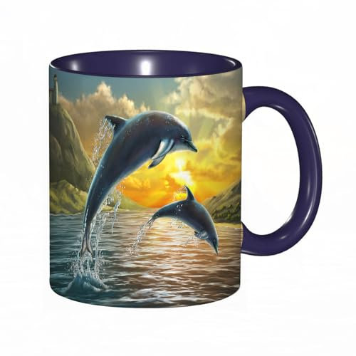 DHAEY Tazza Mug cose divertenti,Due delfini che saltano fuori dal mare durante uno splendido tramonto. Pittura digitale.,tazza caffè, tazza grande, tazza divertente - decora la tua tazza