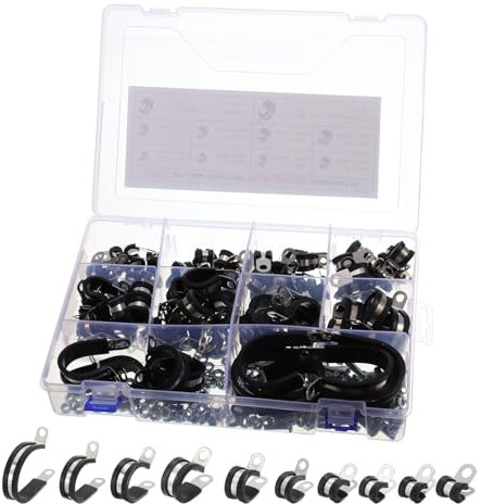 sourcing map 100pcs Cable Clamps Assortment Kit, Stainless Steel Rubber Cushioned Insulated Clamp Assorted in 10 Sizes with Mounting Screws and Nuts