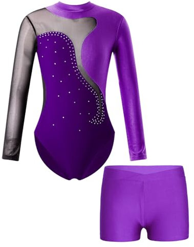 Agoky Mädchen Turnanzug Glitzer Gymnastikanzug Langarm Eiskunstlauf Body mit Kurze Hose Training Tanz Shorts Zweiteiler Tanzbekleidung Violett B 134-140