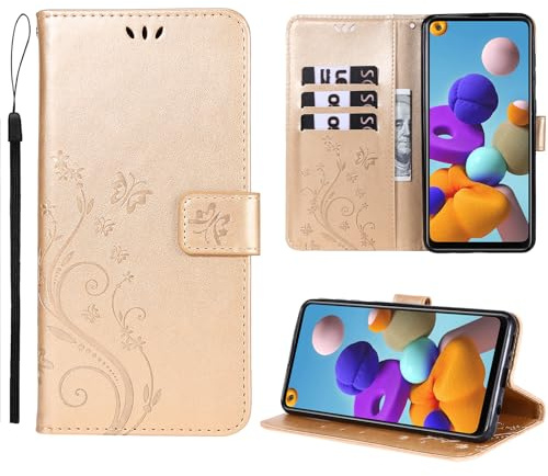 Anshow Lederhülle mit Samsung Galaxy A21S Hülle und Schutzfolie, Handyhülle für Samsung Galaxy A21S, Flip Wallet Hülle Leder Tasche Schutzhülle, Golden
