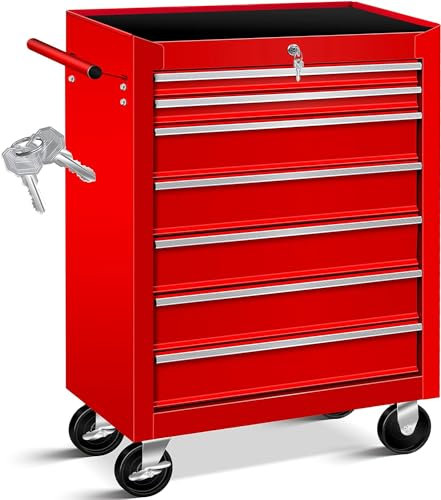 Masko® Carrello da officina - 7 Scomparti - Rosso | Chiudibile a chiave | Metallo massiccio | Carrello mobile per attrezzi senza utensili | Carrello da officina professionale senza assortimento