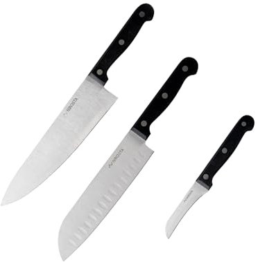 Nirosta Mega Set de Cuchillos de Cocina, incluye Cuchillo de Chef 32 cm, Cuchillo Santoku 30 cm y Cuchillo Patatero 18 cm, Hoja de Acero Inoxidable Muy Afilado, Mango POM con Remaches, 3 uds.