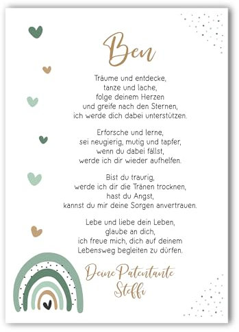 Taufgeschenk Kunstdruck | Taufe Poster | personalisiert | Patenbrief Patenkind | Regenbogen | Junge oder Mädchen (Grün)