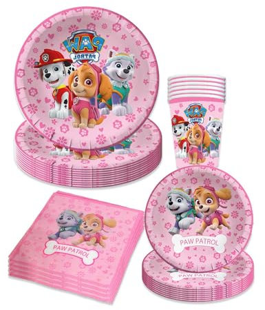 Paw Dog Partygeschirr Set, Geburtstag Partyzubehörsets, Paw Dog Patrol Geburtstag Deko, Pappteller Kindergeburtstag,Thema Party Geschirr Set, Thema Party Set (Rosa)