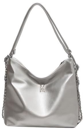 NICOLE & DORIS Handtasche Damen Schultertasche Shopper Taschen PU Leder Tote Bag Rucksack Einfach Umhängetasche für Alltag,Schule,Reise Silber