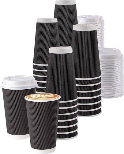 HOT BARGAINS 50 x 16oz Black Kraft Paper Cups with lids for hot and Cold Drinks
