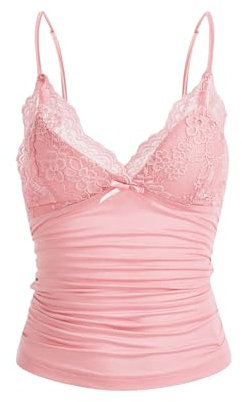 GORGLITTER Damen Y2k Camisole Spaghettiträger Tops Crop Top V-Ausschnitt Oberteil mit Kontrast Spitze Rosa M