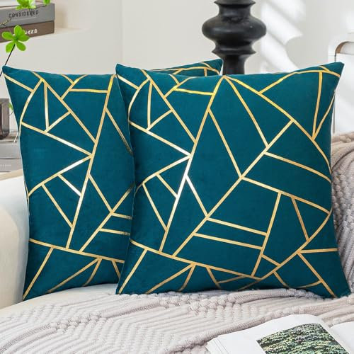 ViaElayu Kissenbezug 50 x 50 Türkis Sofakissen mit goldenem geometrischem Deko Kissen Samt kissenbezüge Moderne Kissen Quadratische Kissen bezüge Dekoration 2er Set Schlafzimmer