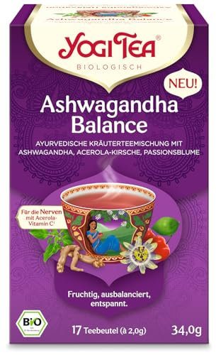 Yogi Tea Ashwaganda Balance, Bio Kräutertee mit Ashwaganda, Acerola-Kirsche, Passionsblume, koffeinfrei, Yogi Tee 6er Pack, 6x17 Teebeutel (102)