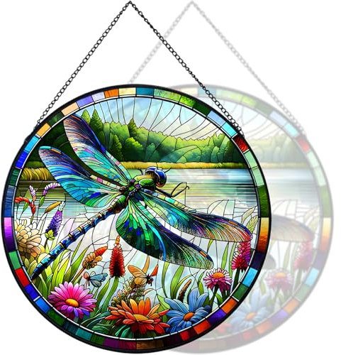 RIVEENY Buntglas-Fensterbehang, Buntglas-Libellen-Geschenke, Sonnenfänger für Fenster, 19,8 cm, Sonnenfänger, Vögel, Fensterbehang, Geschenke für Zuhause, Garten, Weihnachten, Party, Hochzeit (Fluss)