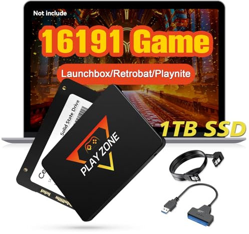 Console de jeu rétro SSD 1 To, 16191 jeux vidéo, 80+ émulateur, 86 jeux PC AAA, 3 systèmes de jeu, émulateur de disque dur Launchbox, compatible avec PC Win 8.1/10/11, 1 câble SATA vers USB-A, câble