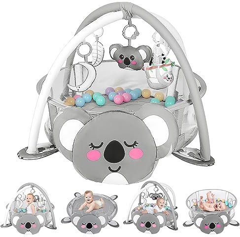 derimkcoa Spielbogen Baby, Baby Gym mit 6 abnehmbare Aktivität Spielzeug, frühe sensorische Entwicklung Baby Play Mat für Kleinkind & Neugeborene (Koala)