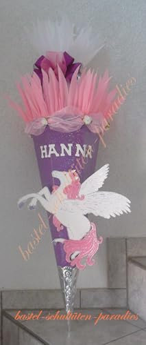 Schultüten Bastelset Pegasus/Einhorn mit Organza und Glitzer-Rohling lila-rosa-weiß