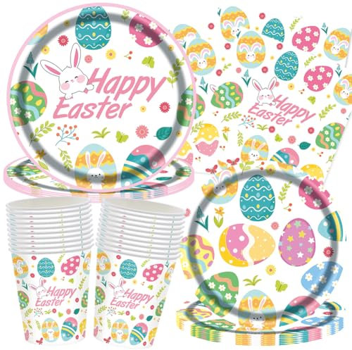 SWZY 96pcs Easter Day Tableware Set,Easter Party Supplies,Paper Plate, Cup, Tissue Paper, Easter Bunny Easter Eggs Happy Easter Party Tableware-24 People