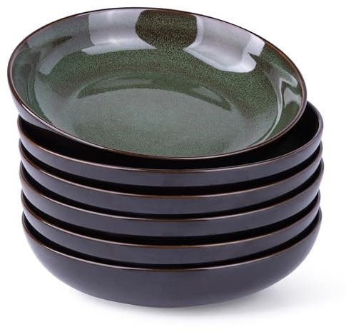 LeRatio Large Pasta Bowls 22cm, Stoneware Deep Plates Set of 6, Scratch Resistant Serving Bowl, Modern Soup Noodle Bowls, Microwave AMD Dishwasher Safe, Jade Green