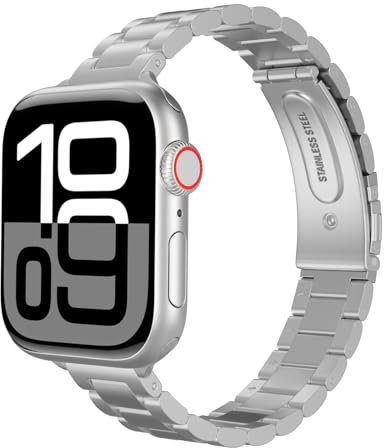 Astorgos Bracelet Fin en Métal Compatible avec Apple Watch 41mm 40mm 38mm iWatch Series SE 2 SE 9 8 7 6 5 4 3 2 1 pour Femmes Hommes, Bracelet de Remplacement en Acier Inoxydable, Argent