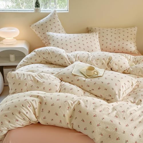 Covebett Pink Floral Duvet Cover Double Beige Pink Flowers Meadow Bedding Set Kids Girls Kawaii Botanical Washed Microfiber Comforter Cover 200x200 cm with Zipper Closure and 2 Pillowcases 50x75 cm