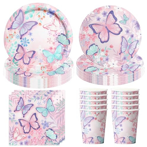 Hmfmdy Farfalla Festa Posate Compleanno Set, 50pcs Decorazioni per Feste, Stoviglie per Compleanno con Piatti Kit, Bicchieri e Tovaglioli di Carta, per Feste di Fidanzamento, baby shower, Matrimonio