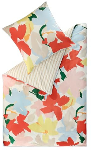 Esprit Satin Bettwäsche 155x220 Baumwolle beige - Luxus Bettwäsche Set 2teilig in Hotelqualität mit Reißverschluss - Blumen Muster Blatt - Bettdeckenbezug + Kopfkissenbezug 80x80cm - Öko-Tex