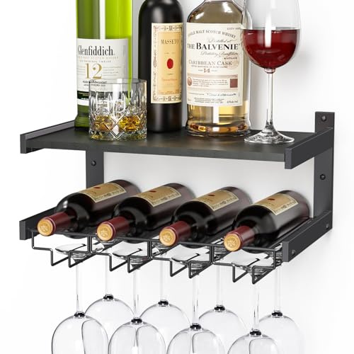 B4Life Wine Rack Wall Mounted with Stemware Hanger, Wine Glass Holder Industrial, Glass Bottle Shelf for Wall, Floating Shelves with Storage, Liquor Bottle Holder for Bar Shelves, Kitchen(Black, 1)
