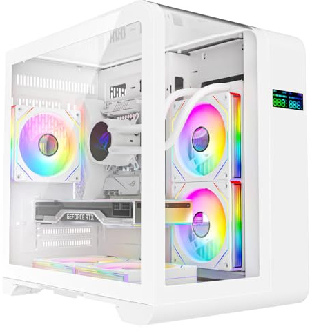 Ionz KZ-SW Curve - PC Gaming Case mATX - Mid Tower, Dual Chamber with Panoramic View and LED Screen - Tempered Glass and 3 ARGB PWM Fans - White