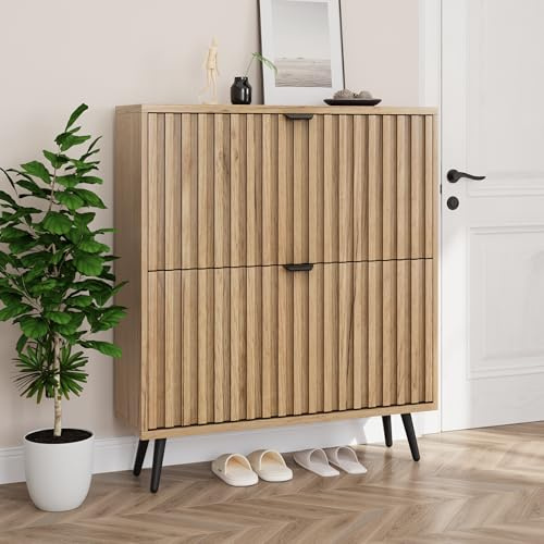 Smuxee Shoe Cabinet with 2 Flip Drawers, 31.5 Natural Hidden Shoe Storage Cabinet with Fluted Design, Freestanding Shoe Organizer Cabinet for Entryway, Hallway, Closet, Living Room