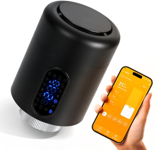 Ollewiellan Heizkörperthermostat, Boost- & Eco-Modus, Schwarz, 1 Stück | Flammhemmendes PC/ABS, 2,4-GHz-WLAN ohne Hub, Smart Life/Tuya App, 5-35 °C, Wochenprogramm, Kindersicherung, 7 Ventiladapter