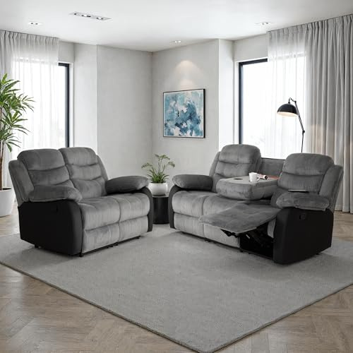 Seconique Roma 3+2 Recliner Suite in Grey Jumbo Cord Fabric and Black