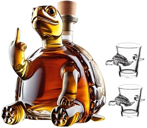 11.8oz / 350ML Whiskey Decanter Bottle - Art Statue, 3D Middle Finger Turtle Whiskey Wine Bottle with Wine Glass, Funny Glass Wines Carafe Whiskey Decanter, Animal Decanter(Turtle+2 Water Cups)