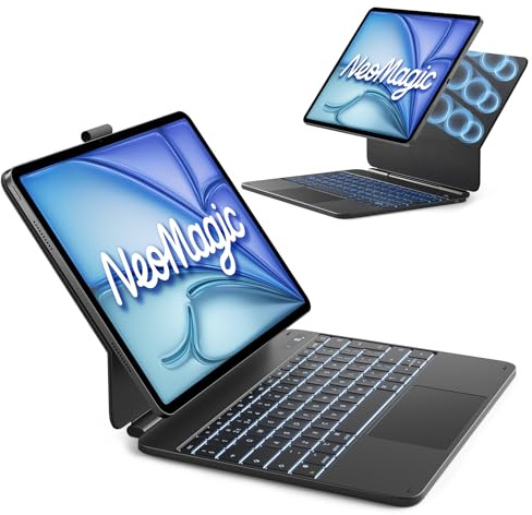 Inateck Magnetic Keyboard Case for iPad Air 13 with Large Trackpad | For iPad Pro 12.9 6/5/4/3 Gen, LED Power Display,7 Color Backlight, 6-row keys, slim cantilever,pencil holder, Black