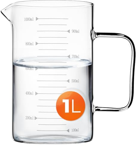 KADAX Messkrug 1L aus Glas, Messbecher aus hitzebeständigem Borosilikatglas, Glasmessbecher mit Ausgießer, Griff und gut lesbarer Skala, spülmaschinenfest