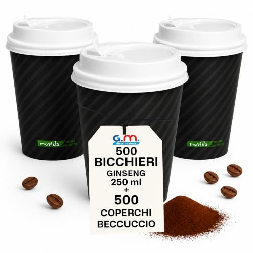 G.M. DISTRIBUZIONE GM - 500 Bicchieri in Carta Compostabile 250 ml Neri con Coperchi Rigidi a Beccuccio – Riutilizzabili, Resistenti – Per Cappuccino, Orzo, Tisane e Bevande Calde Bar e Take Away
