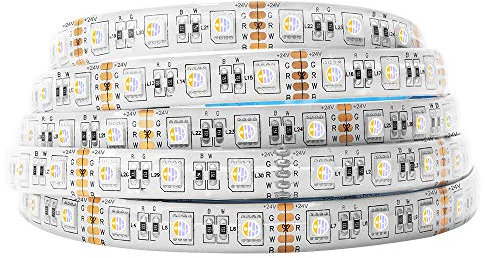 BTF-LIGHTING 5050 RGBW RGB+Warmweiß (2700K-3000K) 4 Farben in 1 LED 5m 60LEDs/m Mehrfarbiges LED-Leuchtband IP65 Silikonbeschichtung Wasserdichte Weiß PCB DC24V für Innendekorationen