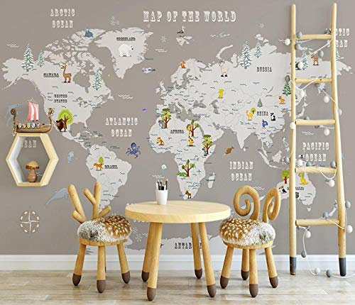 Papier Peint Intissé Gris Animal Carte Du Monde Monde Enfants Chambre 3D Autocollant Vinyle Murale Papier Peint Fond Mur Art Deco Fond D'Écran 3D -350x256CM-XXL