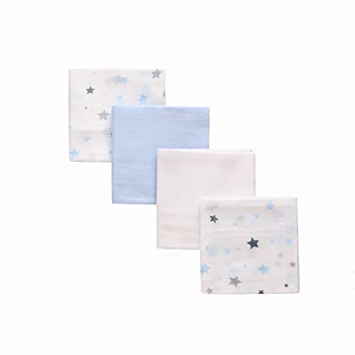 LAT 4 pcs Mantas Bebé,Muselina Manta Bebé, 80 * 80cm Suaves Gasas para Bebes ,100% Algodón Toalla Facial Infantil, Dibujos Animados Paños Muselina Bebe(Azul)