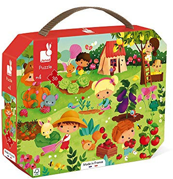 Janod - Puzzle für Kinder Gemüsegarten, 36 Teile - Lernspiel - Feinmotorik und Konzentration - Koffer mit Griff - - FSC-zertifiziert - Ab 4 Jahren, J02648