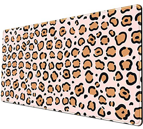Tapis de souris XL rose pour bureau à motif léopard, décoration de bureau pour filles et femmes, 80 x 40 cm, bords cousus, surface lisse et base antidérapante, grand tapis de souris
