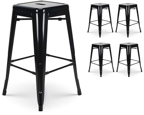 Kosmi Lot de 4 tabourets de Bar en métal Noir Brillant, Hauteur 66 cm | Empilables, léger et robustes