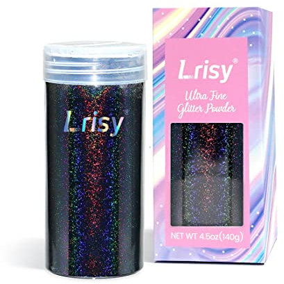 Lrisy - Polvo holográfico con purpurina extrafina con tapa de coctelera, lentejuelas con purpurina para resina epoxi, limo, vasos, uñas y pintura artísticas 140 g/4.5 oz (negro holográfico ultrafino)