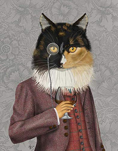 Image on ROLLED CANVAS Tortoiseshell Cat and Brandy Glass Fab Funky - Whimsical vertical Art print steampunk silly funky fabulous Canvas fine art 26_X_20_in