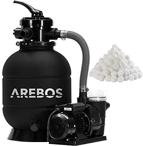 AREBOS Système de Filtre à Sable avec Pompe + 1400g de balles de Filtre | Noir | 400W | 10.200 L/h | Capacité du réservoir jusqu'à 20 kg de Sable | Vanne à 4 Voies avec poignée | avec manomètre