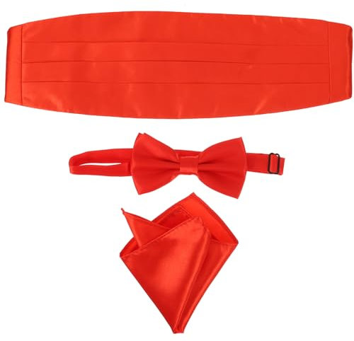jojofuny Men S Waist Envelope Suit - Red Cummerbund Satin Bow Tie & Pocket Square Set for Formal Events