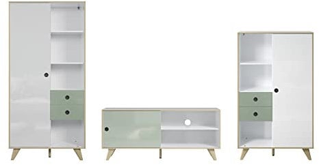 Inter-Furn Wohnzimmer Medienwand Anbauwand Wohnwand Adelaide, 355 x 188 x 40 cm Weiß/Grün Hochglanz mit Schiebetüren