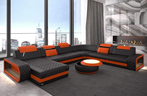 Sofa Berlin XXL U Form Wohnlandschaft mit LED Beleuchtung und Ottomane (Ottomane Links, Schwarz-Orange)