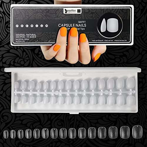 Beautilux 240pcs Faux Ongles Squoval Court 15 Tailles Couverture ComplèTe Pré-poncé Mat Capsules Américaines Manucure Français pour Presse sur les Ongles DIY French Manicure Soft Gel Tips