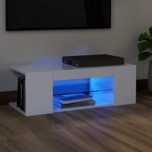 WIFESE Meuble TV avec Lumières LED Blanc Brillant 90x39x30 cm Armoire TV Meuble HiFi Meuble Salon Chambre Table de Télévision Facile à Nettoyer Meuble Rangement Lecteur DVD Magazines