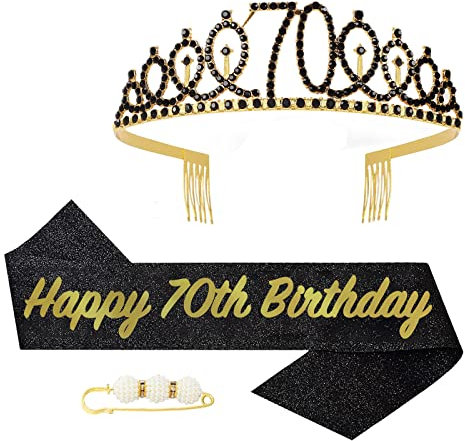 POPOYU 70 Geburtstag Krone und Schärpe,Krone 70. Geburtstag Frauen,70.Geburtstag Tiara Schwarz Gold,krone 70.,70 Jahre Geburtstag Mädchen Kopfbedeckung für Geburtstagsgeschenk Partyzubehör